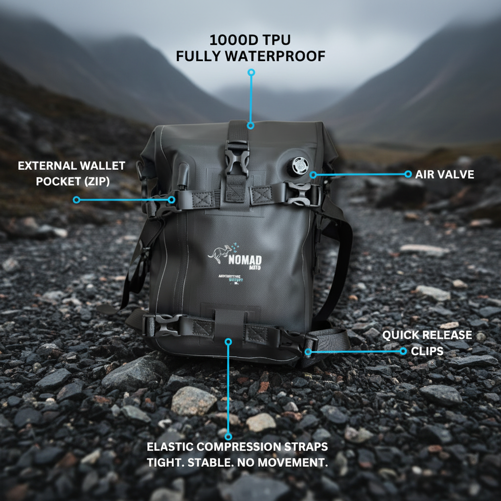 Nomad Moto 8L Waterproof Tail Bag – Secure Storage for Riders