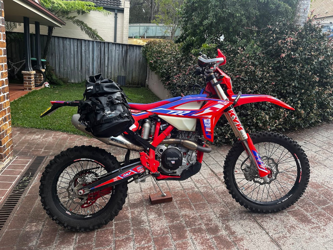 Adventure motorcycle with waterproof soft luggage