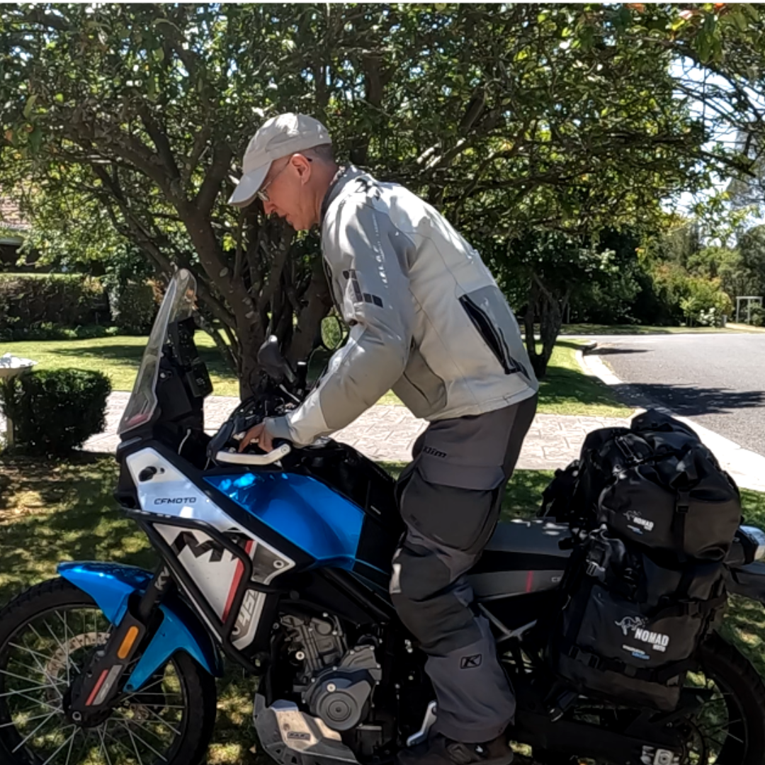 CFMOTO ADV bike loaded with rackless luggage