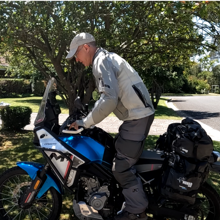 CFMOTO ADV bike loaded with rackless luggage