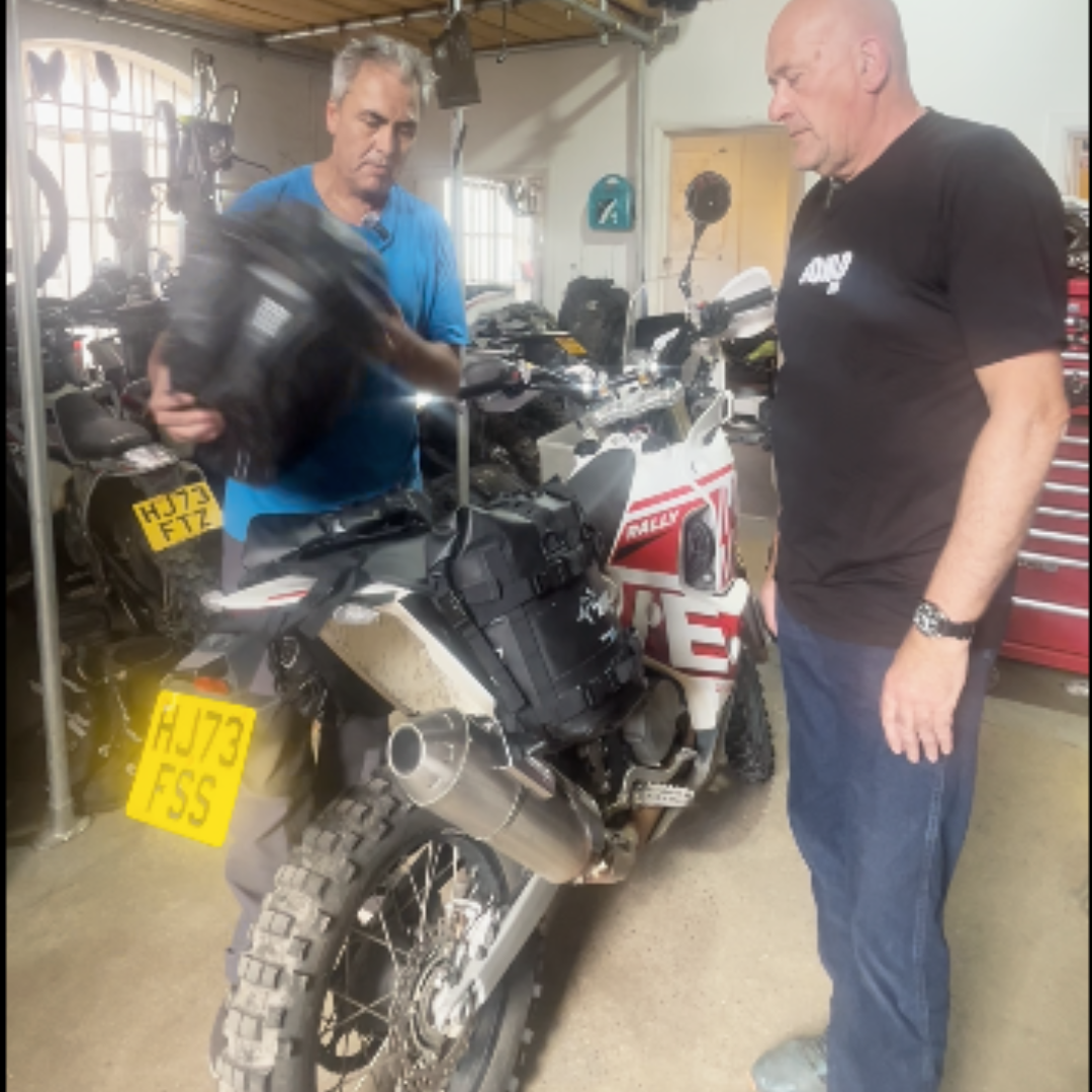 Rackless soft luggage on an adventure motorcycle