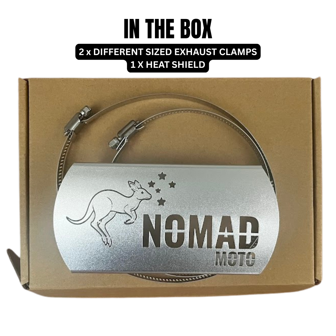 Box with exhaust heat shield and two clamps