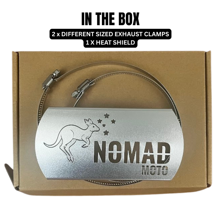 Box with exhaust heat shield and two clamps