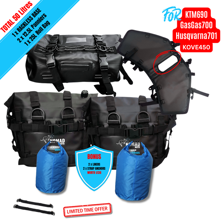 Complete 50L ADV luggage system with roll bag and liners