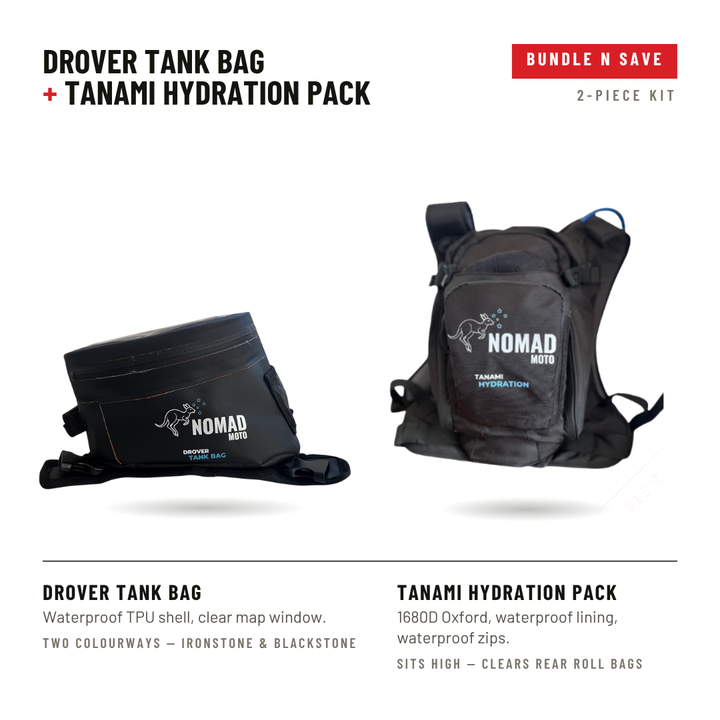 THE RIDER KIT: Drover Tank Bag + Tanami Hydration Pack - NOMAD MOTO