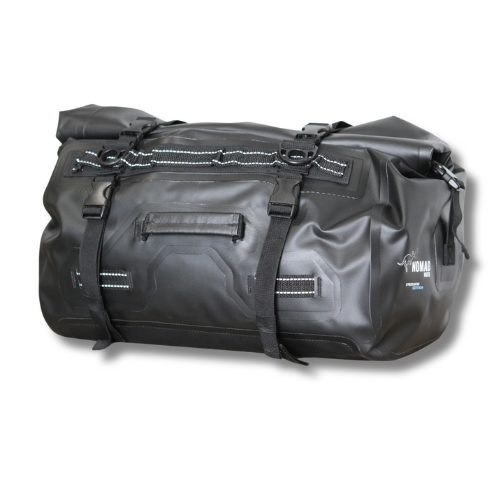 Black waterproof roll-top travel duffel