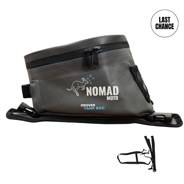 Gray tank bag with 'Nomad Moto' branding on a white background