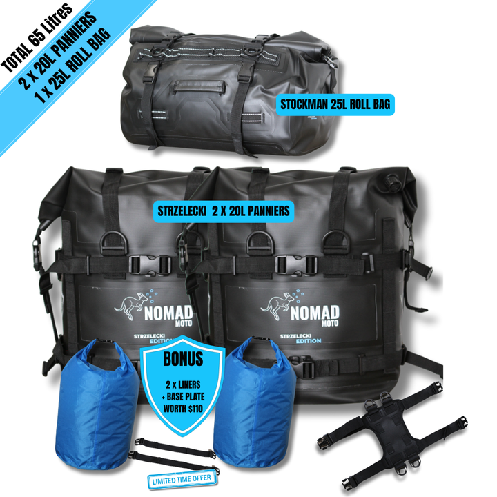 Set of black soft waterproof panniers with a roll bag for adventure riding
